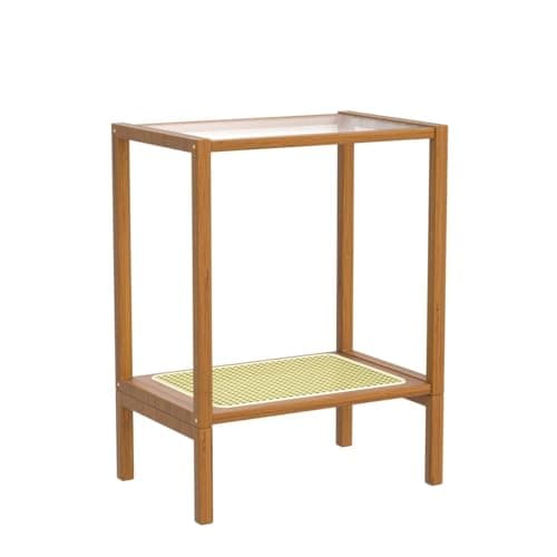 Bamworld Rattan 2-Tier Side Table with Storage Boho Living Room Glasstop Narrow Coffee Table
