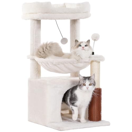 5 in 1 Cat Tree, 32" Tower with Groomer & Hammock-Gray — Beige