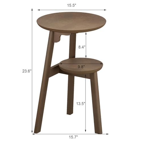 ChooChoo Round End Table with 2 Tier Shelf for Small Spaces, Walnut