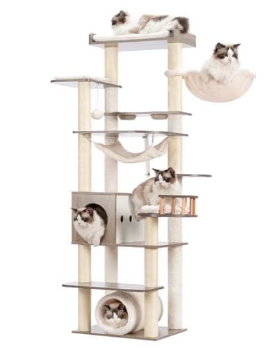 Smoky Gray 64" Tall Cat Tree with Tower, Condo, Food Station, Scratching Post & Hammock GCT021G — Rustic gray