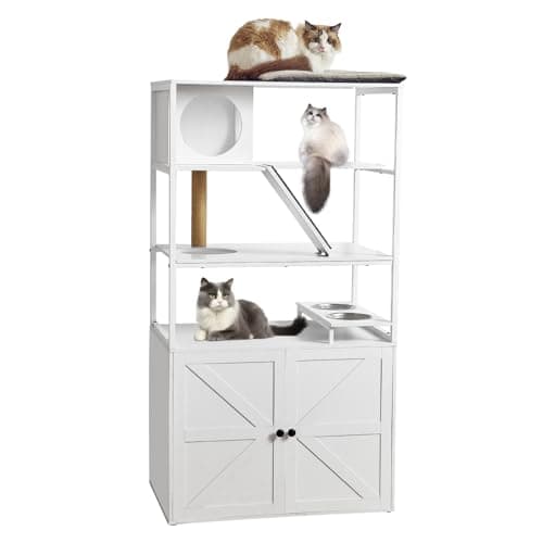 Redlife 5-Level 2-in-1 Cat Tree & Litter Box, Wooden Furniture, Grey — White