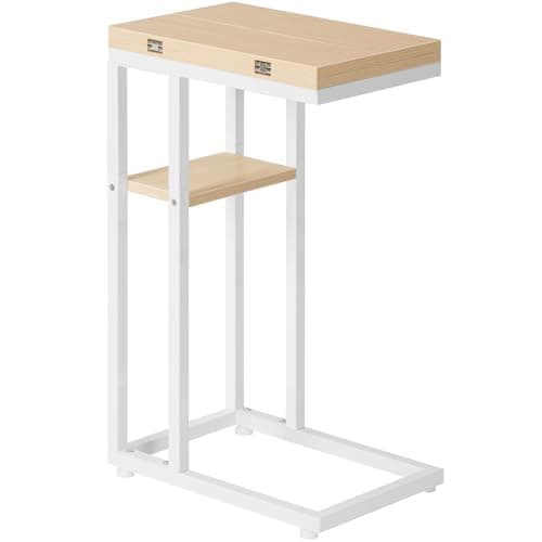 HOOBRO Foldable C-Shaped End Table with Storage, Rustic Brown, BF29SF01 — White + Natural