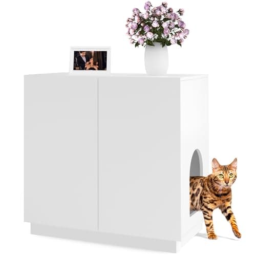 Modern Large Cat Litter Box Enclosure with Storage & Side Cabinet (White)