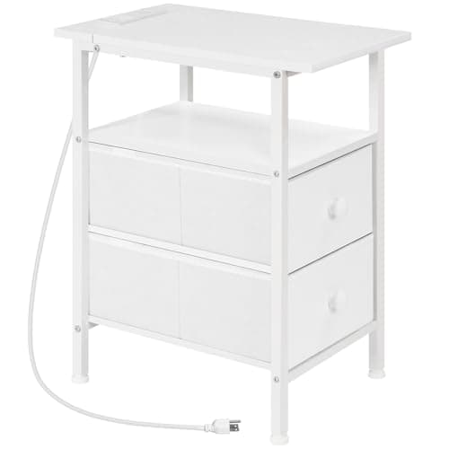 HOOBRO Rustic Brown & Black End Table with Charging Station BF486UBZ01 — White