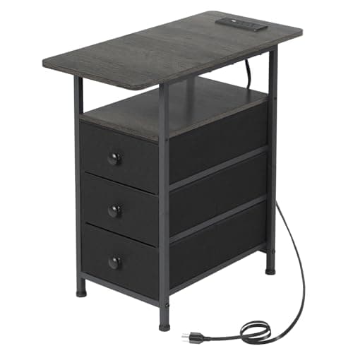 AMHANCIBLE Rustic Brown Narrow Side Table with Charging Station for Living Room and Bedroom — Dark Grey