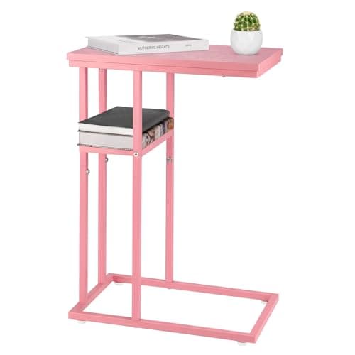 YooBure C-Shaped End Table, Rustic Snack Table for Living Room and Bedroom — Pink