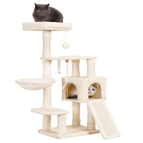 Heybly Cat Tower with Feeding Bowl and Scratching Board