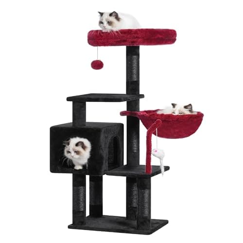Heybly Light Gray Cat Tree with Toy & Padded Perch — Black and Red