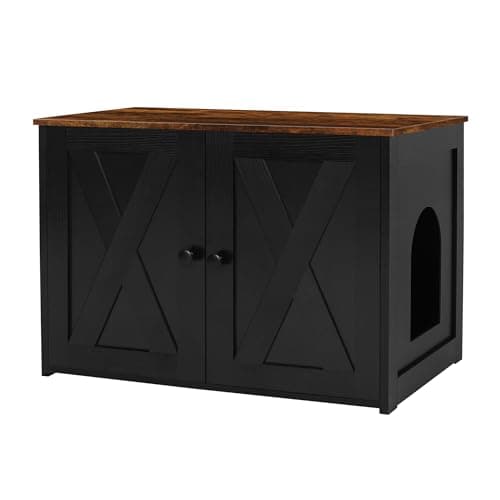 Dwanton Reversible Cat Litter Box Enclosure, Greige Wooden Furniture — Black+Rustic Brown