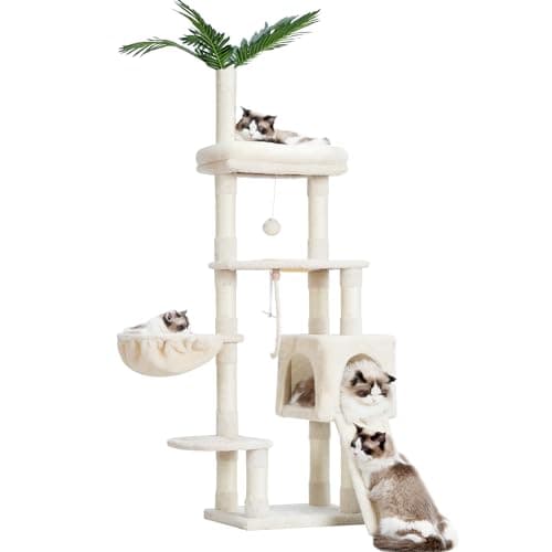 65.4-Inch Cat Tree for Indoor Cats with Plush Furniture and Scratching Posts - Smoky Gray Color (HCT015G) by Heybly — Beige