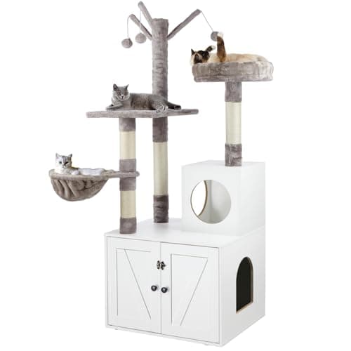 Cat Litter Box Enclosure with Tree Tower Furniture — White