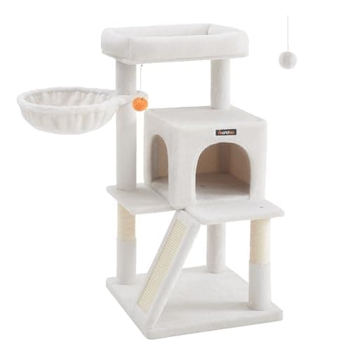 Feandrea Smoky Gray Cat Tree, Large Cat Tower 37.8" Multi-Level Condo — White