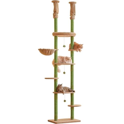 Adjustable Floor to Ceiling Cat Tower with 7 Tiers and Scratching Posts - Ideal for Indoor Cats — Green