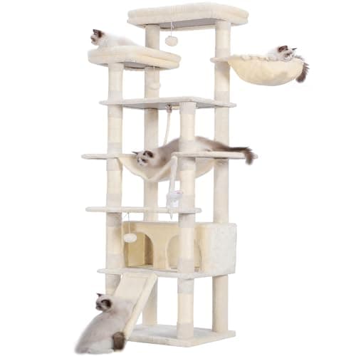Heybly 68 Inch Multi-Level Cat Tree with Plush Perches and Caves HCT025G — Beige