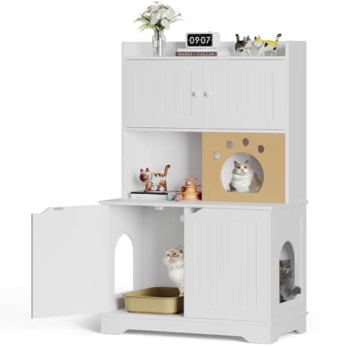 YITAHOME Double Hidden Cat Litter Box for 2 Cats, Gray Oak Enclosure with Outlet & Light — White+Shelves