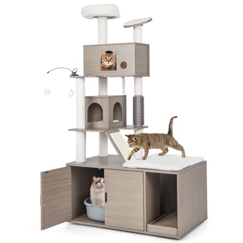 Tangkula Cat Tree with Litter Box, 2 Condos, Scratching Posts & Dangling Balls