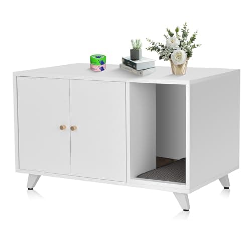 Modern Cat Litter Box Enclosure with Scratching Pad & Natural Oak Legs — White + Gold