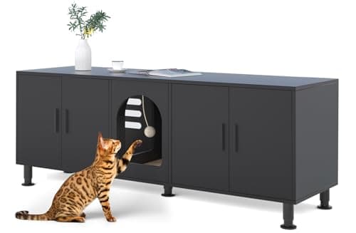 2 Cat Litter Box Enclosure, Double Room Wooden Furniture with Cat Door, White — Black with Legs