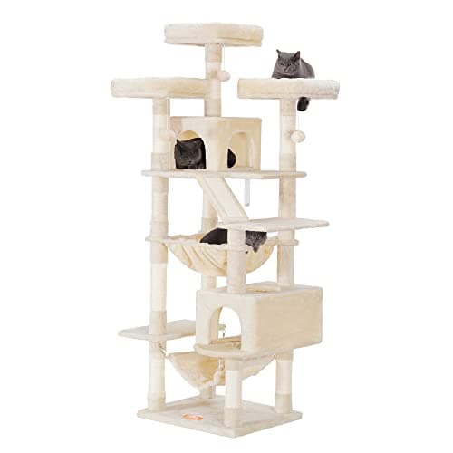 Heybly 73" Tall Smoky Gray Cat Tree for Large Cats, Heavy Duty Condo with Padded Perch and Scratching Posts — Beige