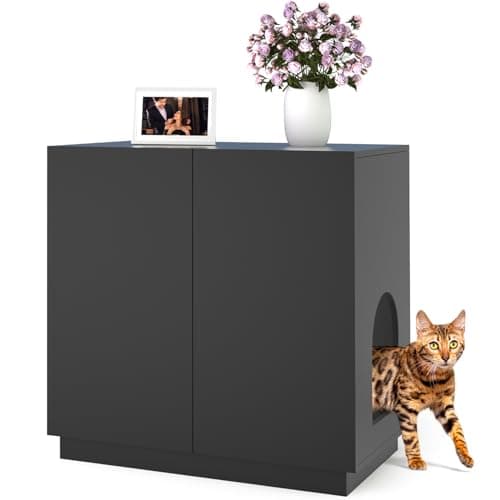 Modern Large Cat Litter Box Enclosure with Storage & Side Cabinet (White) — Black