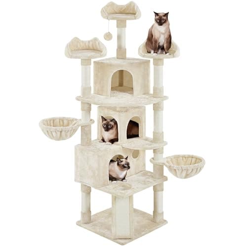 Yaheetech Large Cat Tree Tower, 76.5in Multi-Level Scratch & Play, Dark Gray — Beige