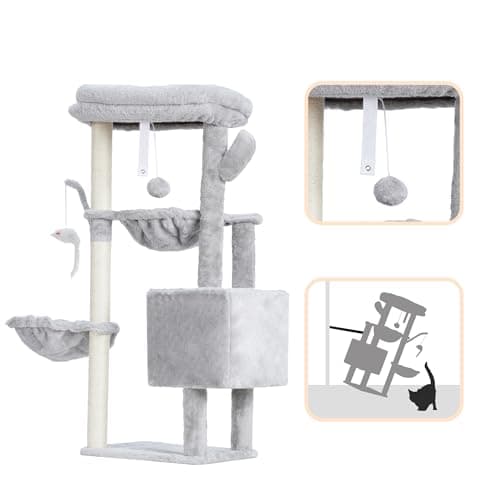 Heybly Cat Tree for Indoor Cats 39.4 Inches Tower HCT006SW Light Gray Scratching Post and Dangling Toy