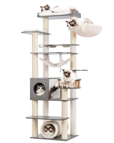 Smoky Gray 64" Tall Cat Tree with Tower, Condo, Food Station, Scratching Post & Hammock GCT021G — Dark gray