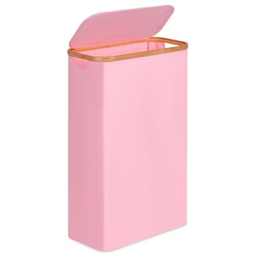 Slim 60L Laundry Hamper with Lid, Bamboo Handle, Grey — Pink