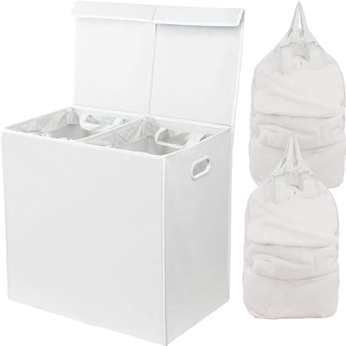Black Houseware Double Laundry Hamper with Lid & Removable Bags — White