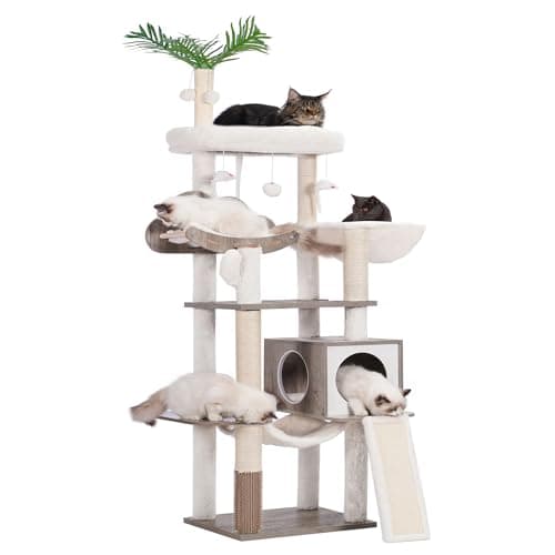 Modern Walnut Cat Tree with Self Groomer, Basket, Hammock, and Dangling Ball for Large Indoor Cats — Rustic Gray