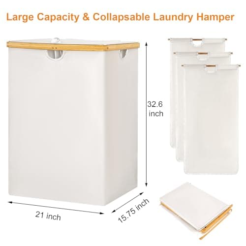 WOWLIVE 180L Extra Large Bamboo Laundry Hamper with Removable Bags, Beige