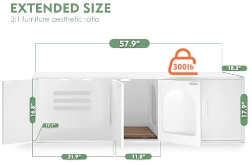 2 Cat Litter Box Enclosure, Double Room Wooden Furniture with Cat Door, White