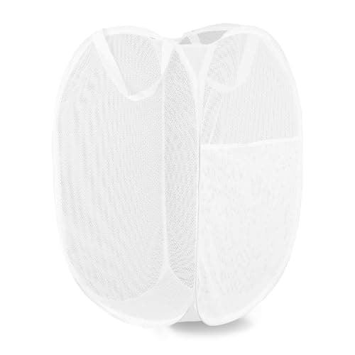 Collapsible Pink Pop Up Laundry Hamper for Travel and Storage — White