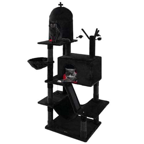 Gothic 67 Inch Tall Cat Tree with Scratching Posts & Ladder, Spooky Balls & Hammock, Black