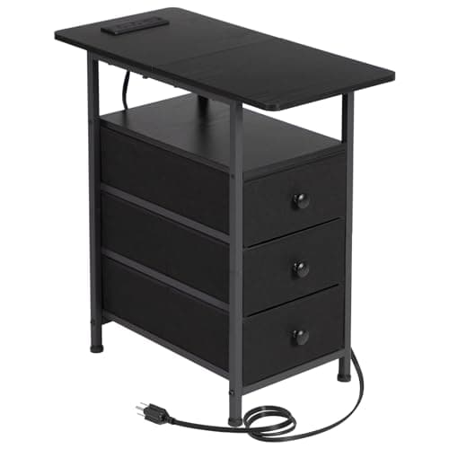 AMHANCIBLE Rustic Brown Narrow Side Table with Charging Station for Living Room and Bedroom — Black