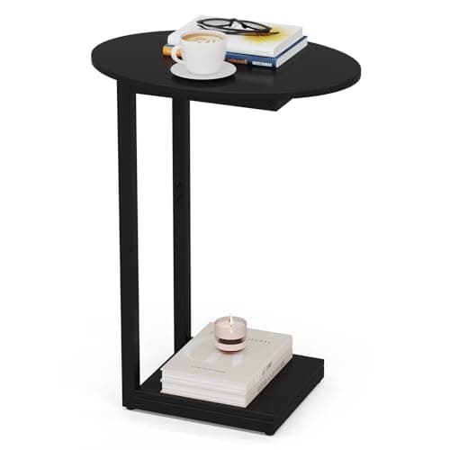 Rustic Brown C-Shaped Wood Side Table with Metal Frame — Black