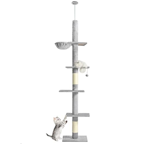 5-Tier Tall Cat Tree with Adjustability & Hammock for Indoor Cats — Light grey
