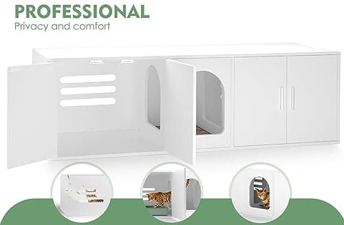 2 Cat Litter Box Enclosure, Double Room Wooden Furniture with Cat Door, White