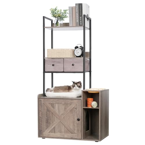 Hey-Brother Cat Litter Box Enclosure with Storage Shelves and Drawers - Rustic Gray MPJ131SG