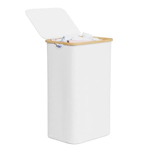 Large Capacity Collapsible Laundry Hamper with Bamboo Handles - Pink — White