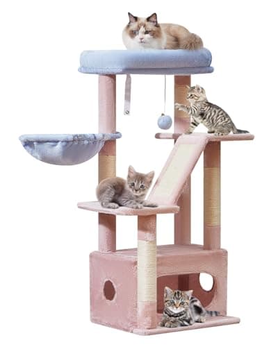 Taoqimiao Light Gray 38.2-Inch Cat Tree with Adjustable Baskets & Lux Perch MS029SW — Pink and Blue