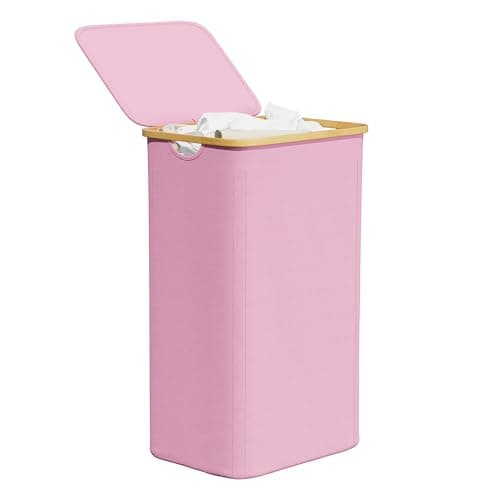 Large Capacity Collapsible Laundry Hamper with Bamboo Handles - Pink
