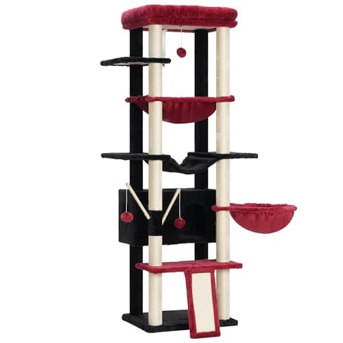 Heybly XXL Cat Tree for Large Cats, 60-inch Multi-Level Furniture Condo — Black and Red
