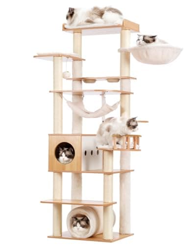 Smoky Gray 64" Tall Cat Tree with Tower, Condo, Food Station, Scratching Post & Hammock GCT021G — Walnut