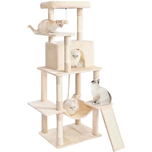 Multi-Level Cat Tree Tower with Sisal Scratching Posts & Hammock - Light Grey — Beige