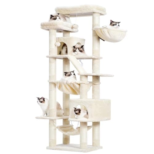71-Inch Tall Cat Tree Tower with Multiple Features for Indoor Cats, Smoky Gray — Beige