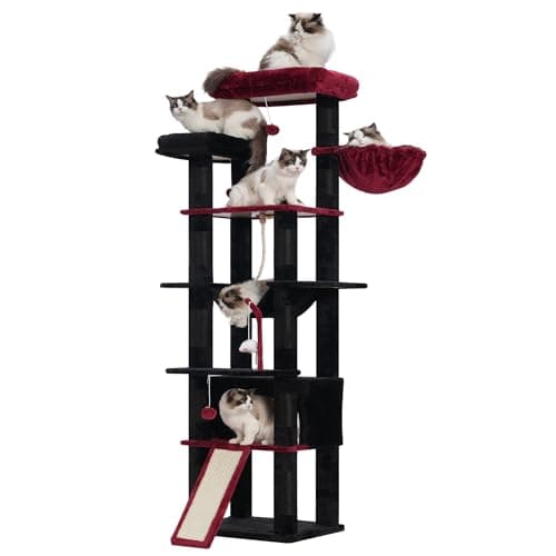 Heybly 68 Inch Multi-Level Cat Tree with Plush Perches and Caves HCT025G — Black and Red