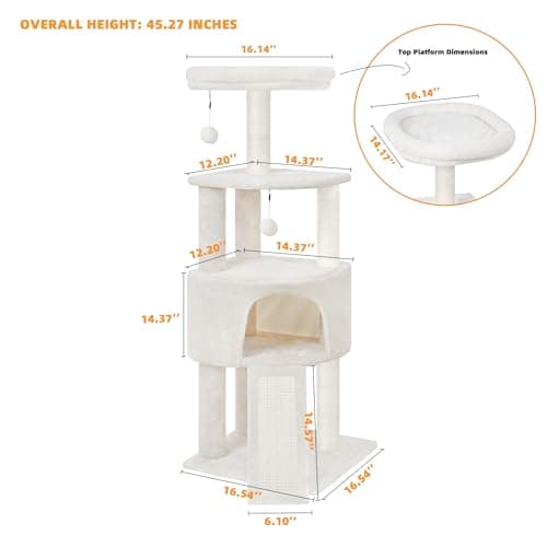 Beige 45in Multi-Level Cat Tree Tower with Scratching Post & Toys