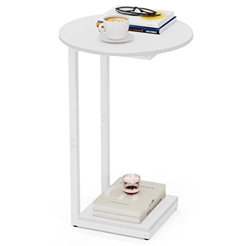 Rustic Brown C-Shaped Wood Side Table with Metal Frame — White