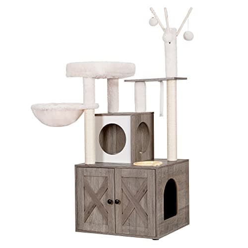 Heybly All-in-one Cat Tree and Litter Box HCT101SR for Indoor Cats, Modern Style with Hammock and Food Station — Rustic Gray